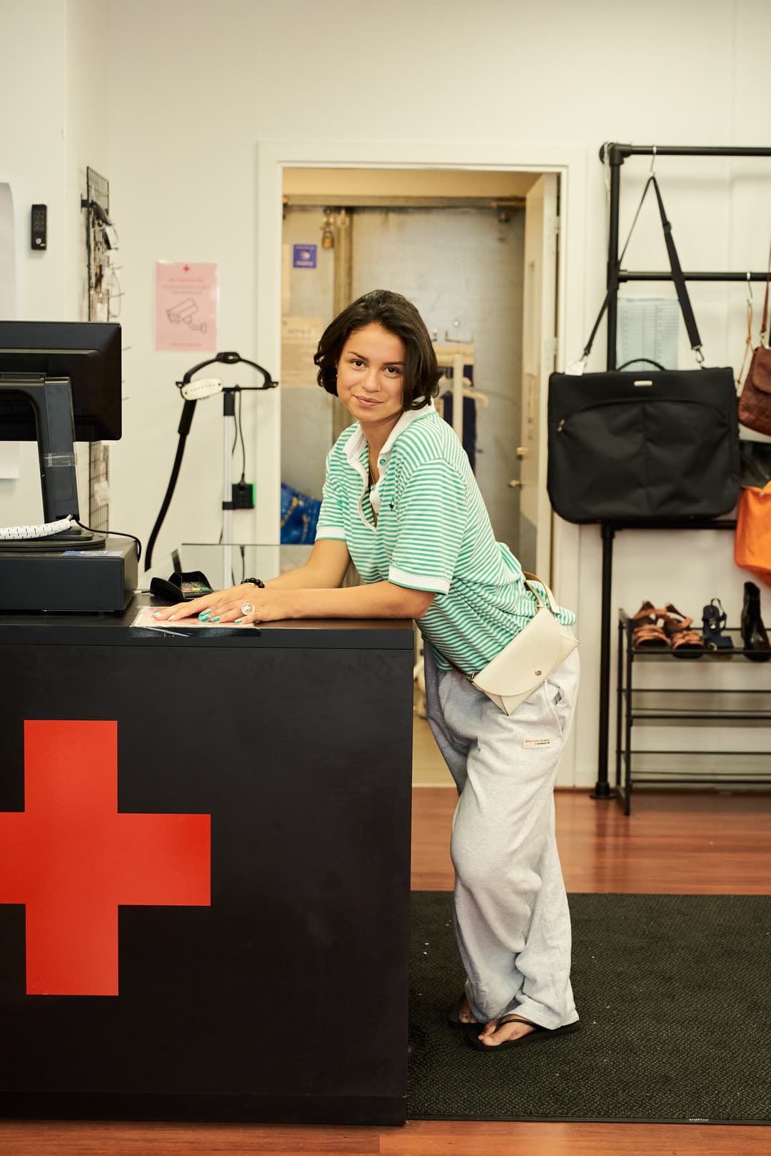 Red Cross volunteer wearing Boom Butik