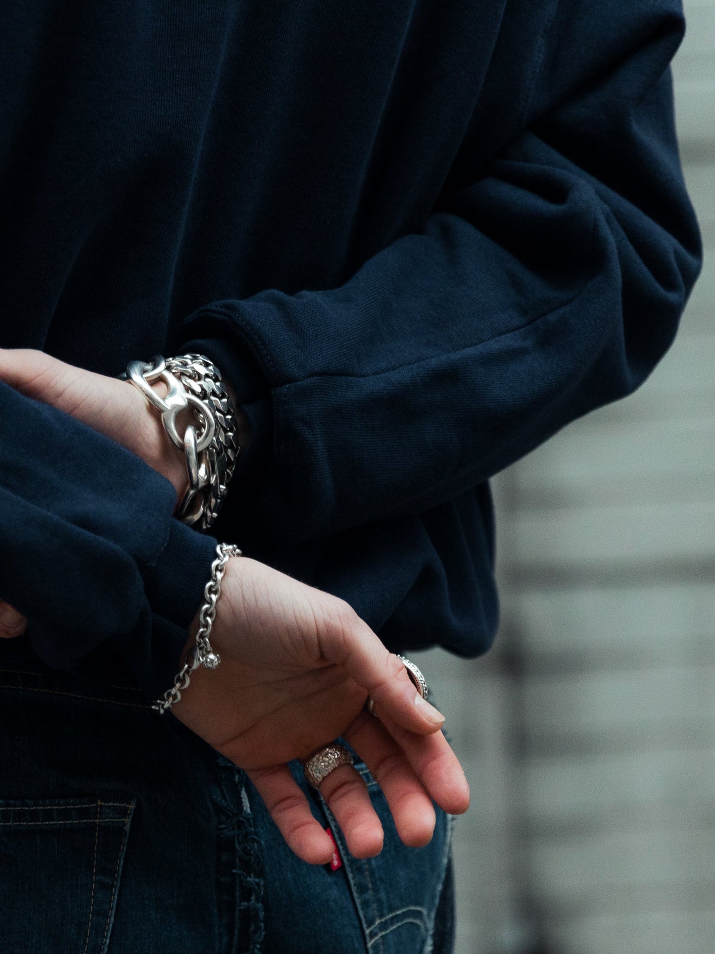 Black crewneck, beautiful jewelry! Love, Boom | black